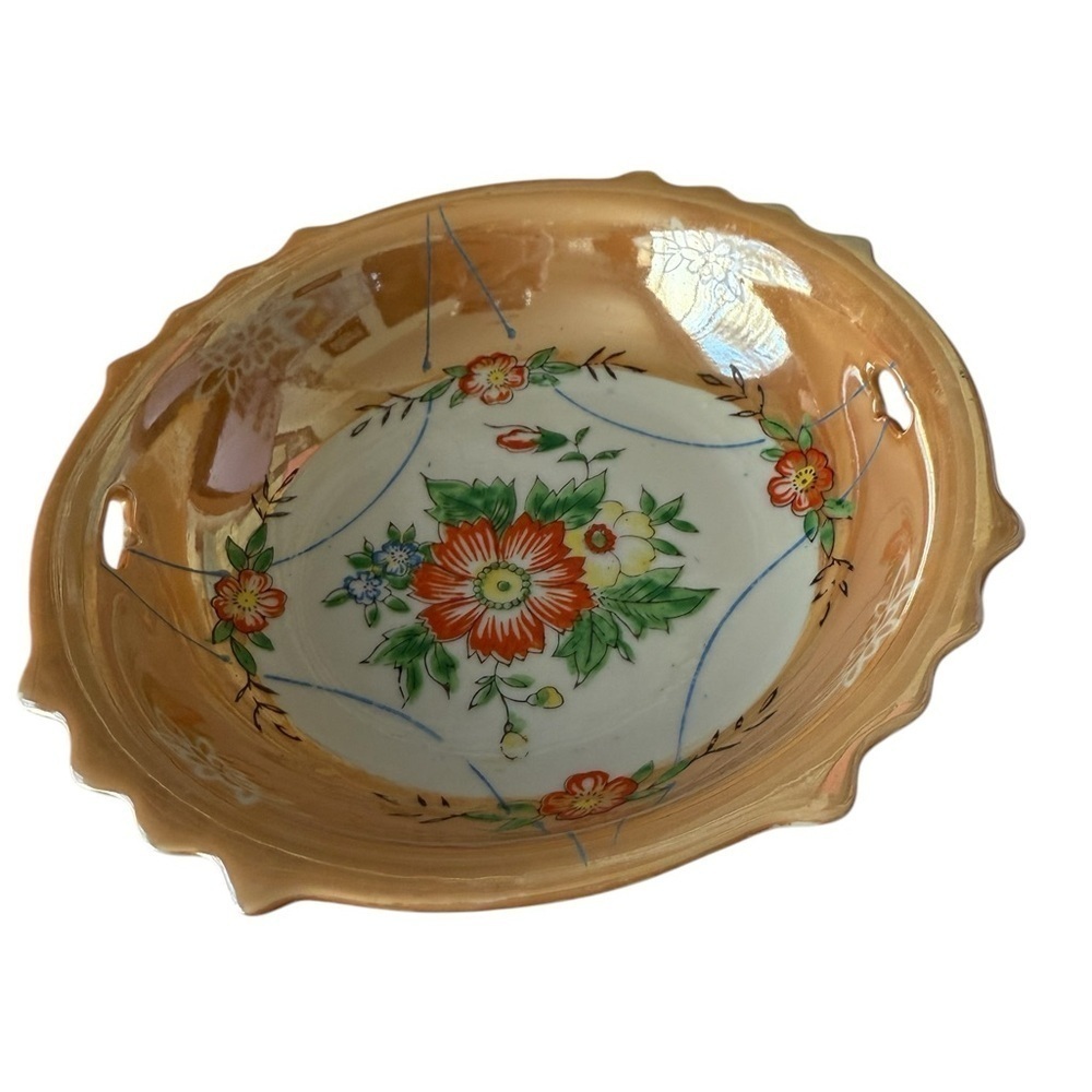 Lusterware Peach with Orange/Blue Flowers 7 inch Bowl Made in Japan Vintage.